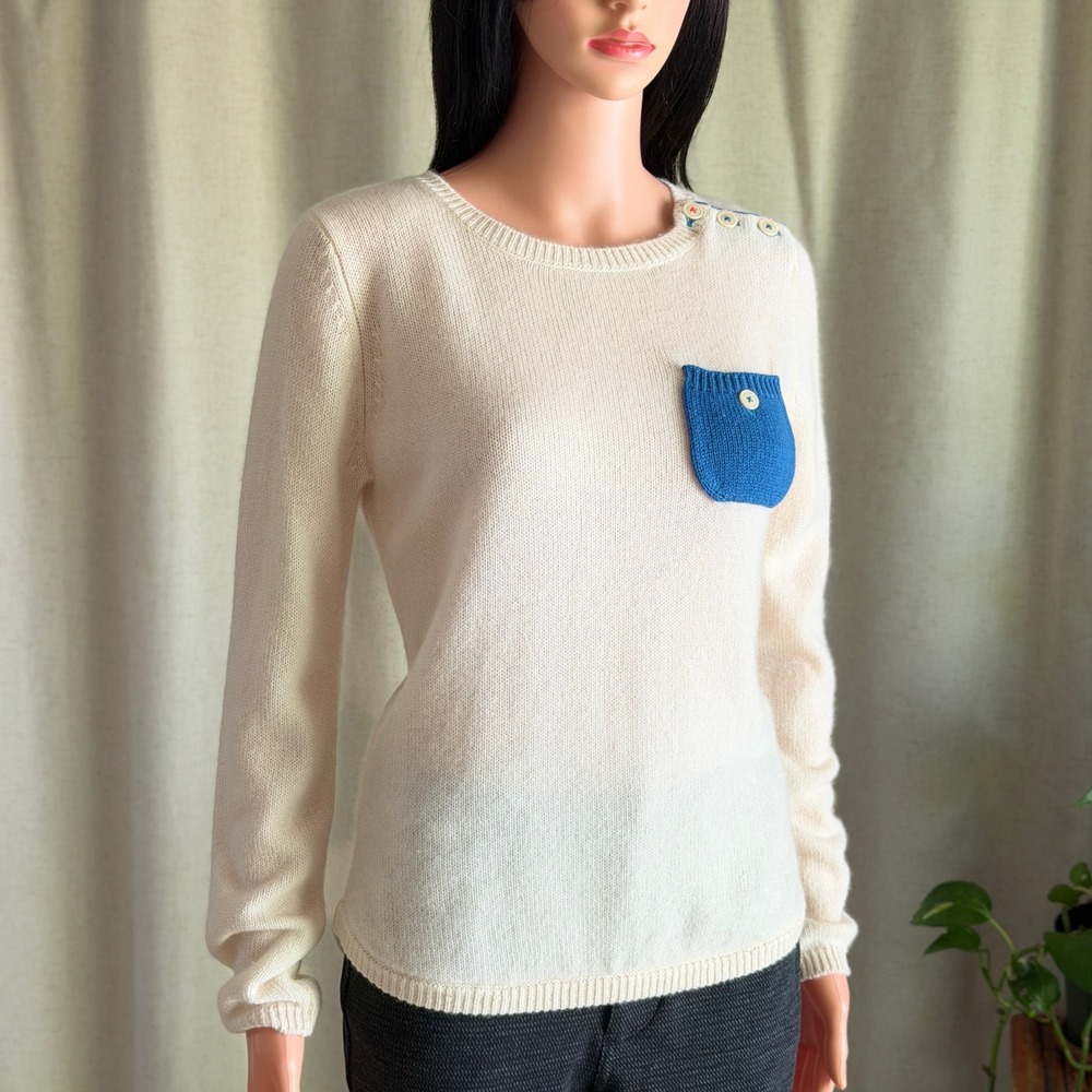 Chinti & Parker 100% Cashmere Cream Sweater Blue Pocket Shoulder Buttons S